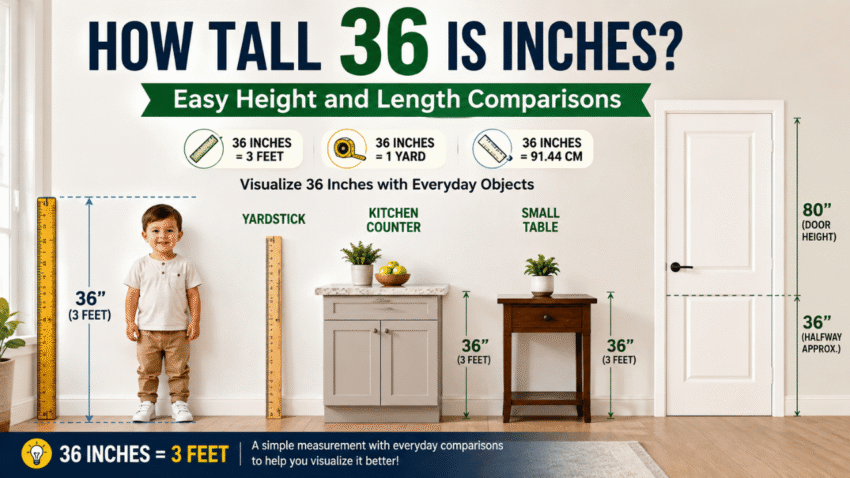 How tall is 36 inches comparison showing 36 inches equals 3 feet, 1 yard, and 91.44 cm with everyday height references.