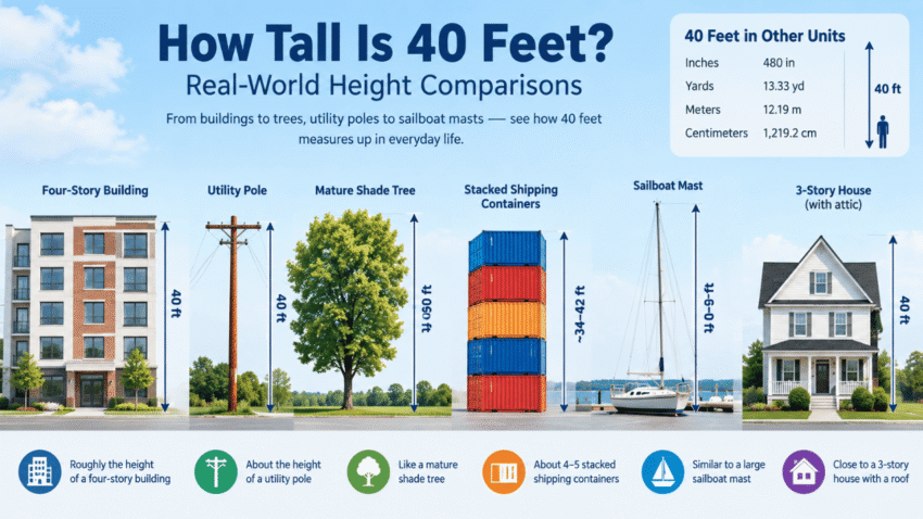How tall is 40 feet compared with a four-story building, utility pole, mature tree, shipping containers, sailboat mast, and three-story house.
