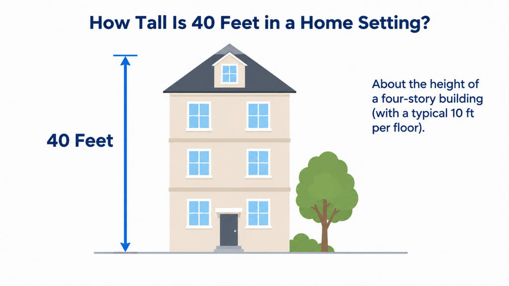 Simple illustration showing how tall 40 feet is in a home setting, with a three-story house, tree, and 40-foot height measurement.