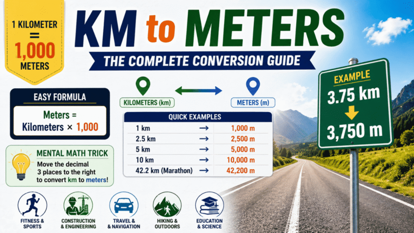 KM to Meters conversion guide showing the formula, 1 kilometer equals 1,000 meters, conversion examples, and a decimal-shifting tip.