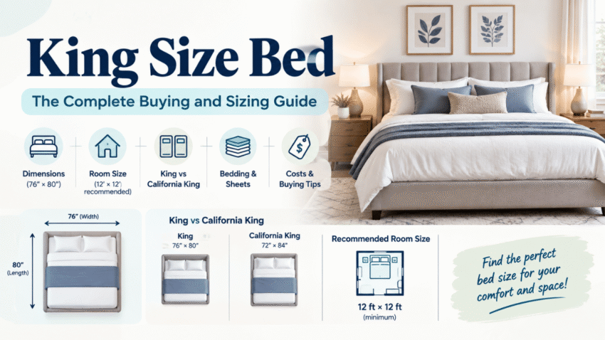 King size bed dimensions, room size, California King comparison, bedding, and buying guide.