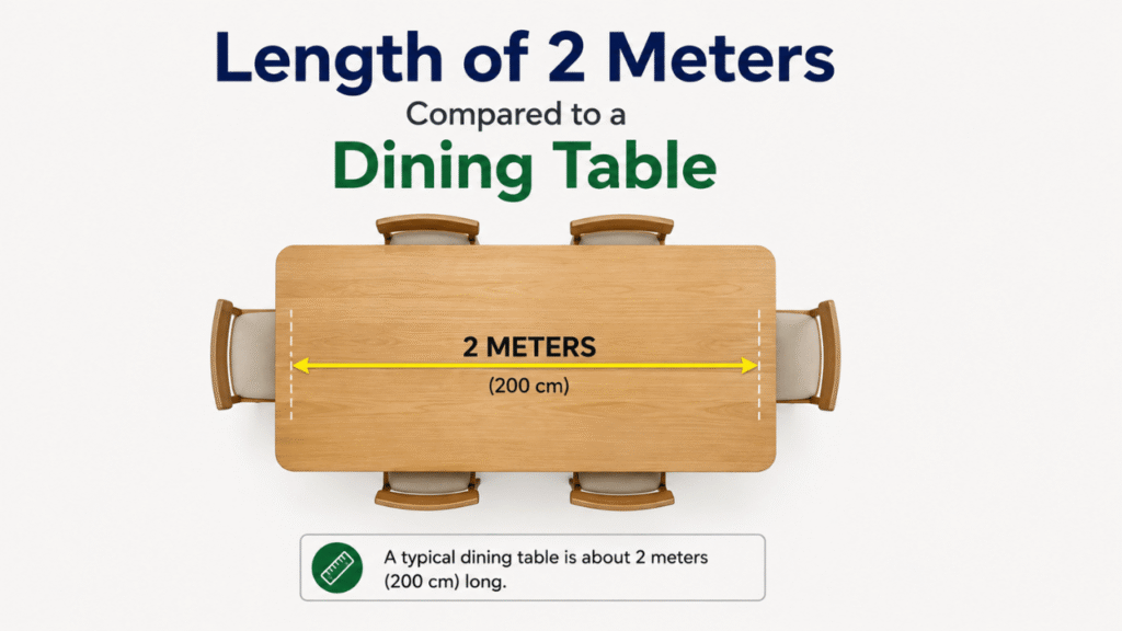 Simple comparison showing the length of 2 meters (200 cm) across a typical dining table.