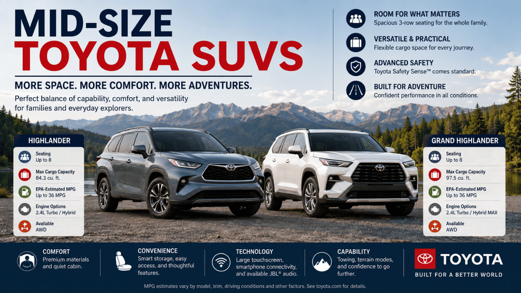Mid-size Toyota SUVs featuring the Highlander and Grand Highlander with three-row seating, cargo space, safety, comfort, technology, and capability.