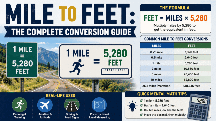 Mile to feet conversion guide showing 1 mile equals 5,280 feet, the conversion formula, common examples, and quick mental math tips.