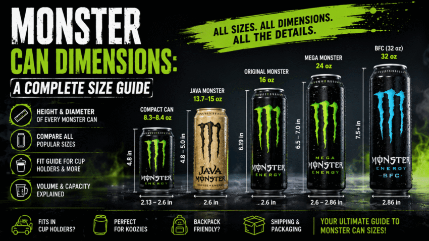 Monster can dimensions size guide showing the height, diameter, and volume of compact, Java, original 16 oz, Mega 24 oz, and BFC 32 oz cans.