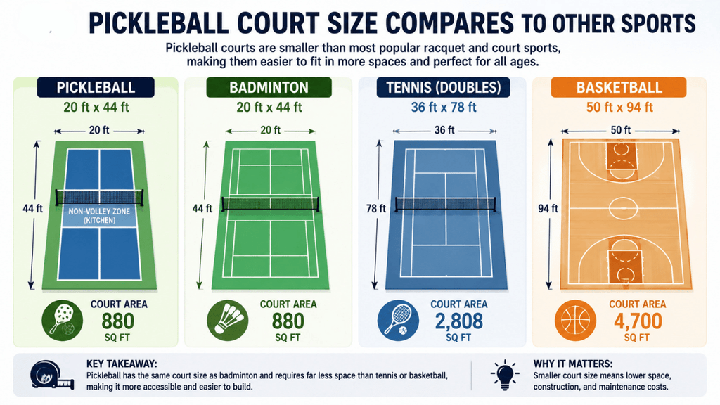 Infographic comparing pickleball court size with badminton, doubles tennis, and basketball court dimensions.
