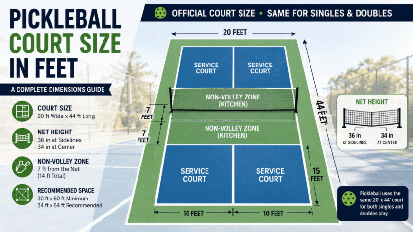 Pickleball court size in feet showing the official 20-by-44-foot dimensions, 7-foot kitchen, service courts, and net height.