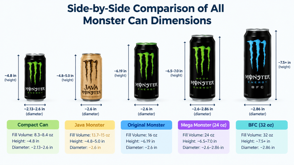 Side-by-side comparison of Monster can dimensions showing Compact, Java Monster, Original, Mega Monster 24 oz, and BFC 32 oz sizes with height and diameter measurements.