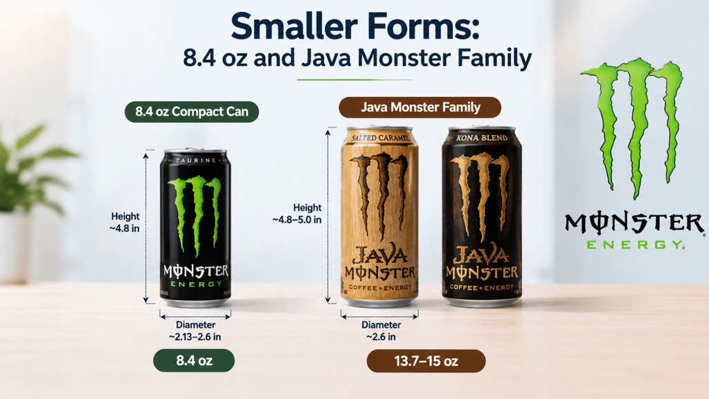 Smaller Monster can dimensions: 8.4 oz and Java Monster can sizes, height and diameter comparison.