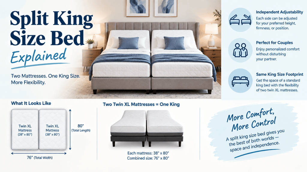 Split king size bed with two Twin XL mattresses, adjustable sides, and king-size dimensions.