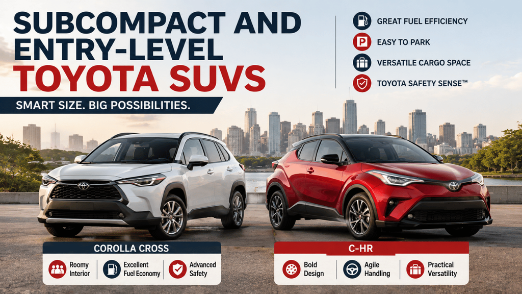 Subcompact and entry-level Toyota SUVs featuring the Corolla Cross and C-HR, highlighting fuel efficiency, easy parking, cargo space, safety, and practical design.