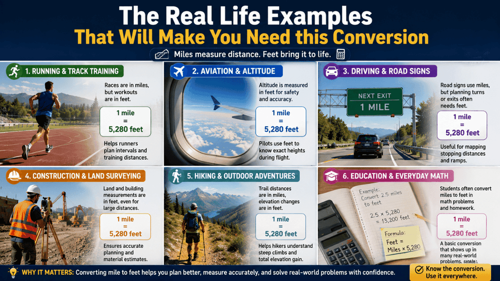 Real-life mile to feet conversion examples showing running, aviation, driving, construction, hiking, and everyday math uses.