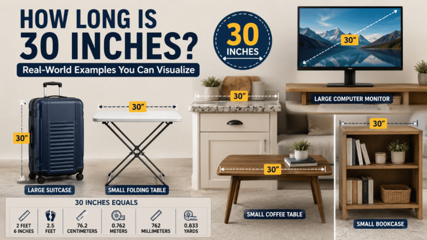Things that are 30 inches illustrated with everyday objects like a suitcase, folding table, coffee table, monitor, and bookcase.