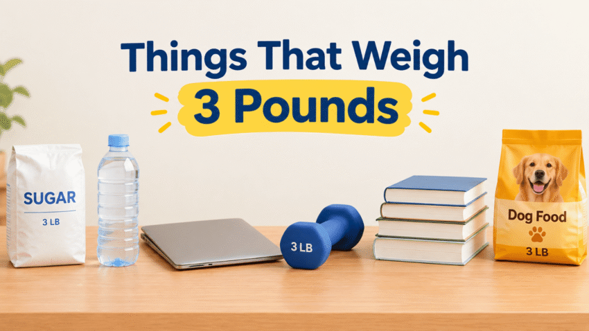 Things that weigh 3 pounds, including a sugar bag, water bottle, laptop, dumbbell, books, and dog food bag.
