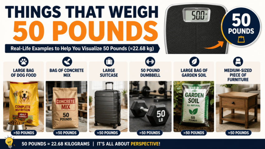 Things that weigh 50 pounds shown with examples including a dog food bag, concrete mix, suitcase, dumbbell, garden soil, and furniture.