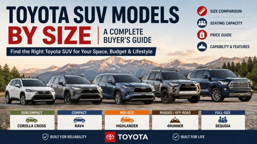 Toyota SUV models by size showing Corolla Cross, RAV4, Highlander, 4Runner, and Sequoia with size categories, pricing, seating, and key features.