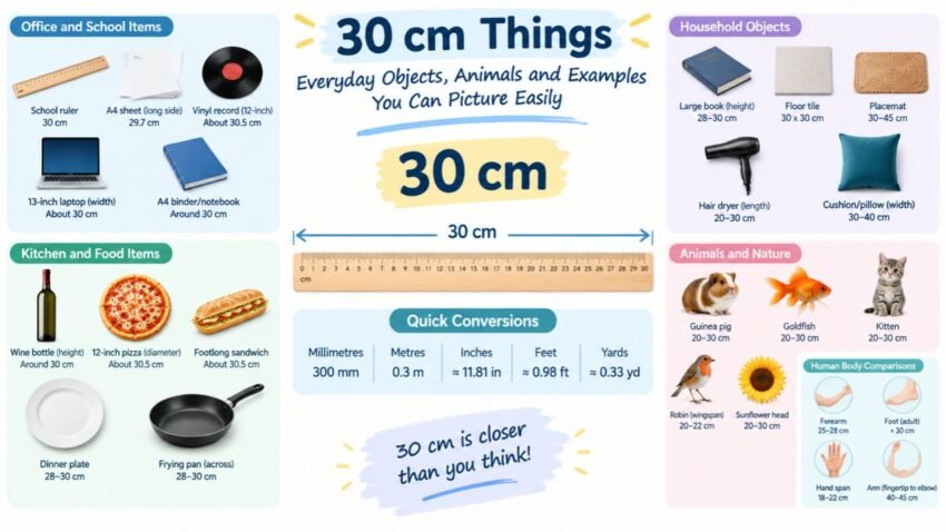 30 cm things illustrated with everyday objects, including rulers, A4 paper, wine bottles, pizzas, household items, animals, and quick length conversions to inches and feet.