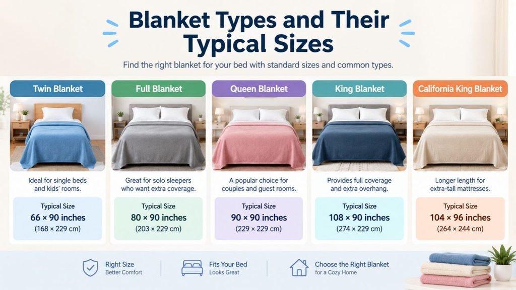 Blanket types and their typical sizes, comparing Twin, Full, Queen, King, and California King blankets with measurements in inches and centimeters.