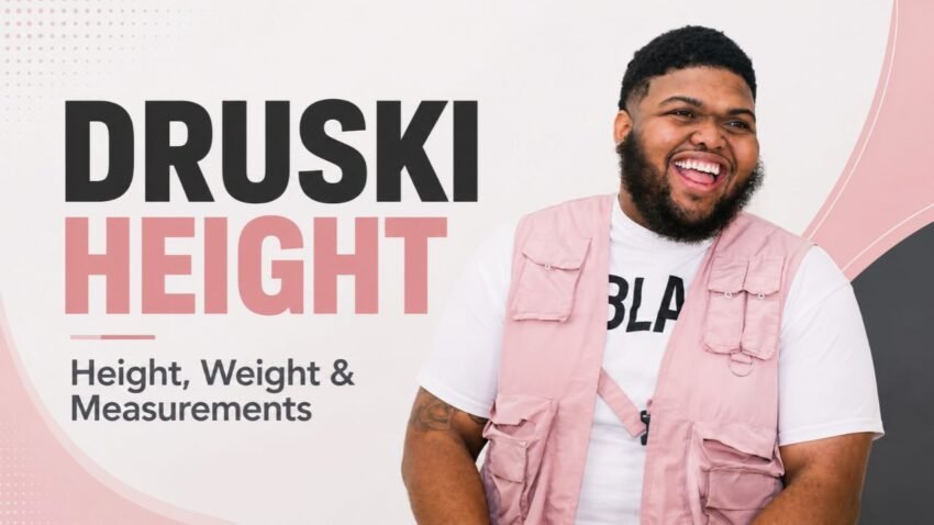 Druski height, weight, and body measurements feature image in a pink and white design.