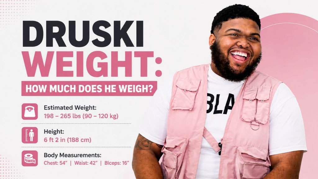 Druski weight infographic showing his estimated weight of 198–265 pounds (90–120 kg), reported height of 6 feet 2 inches, and estimated body measurements.