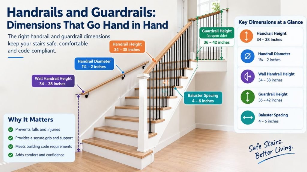 Handrails and guardrails dimensions infographic showing staircase safety measurements, including handrail height, handrail diameter, guardrail height, wall handrail height, and baluster spacing.