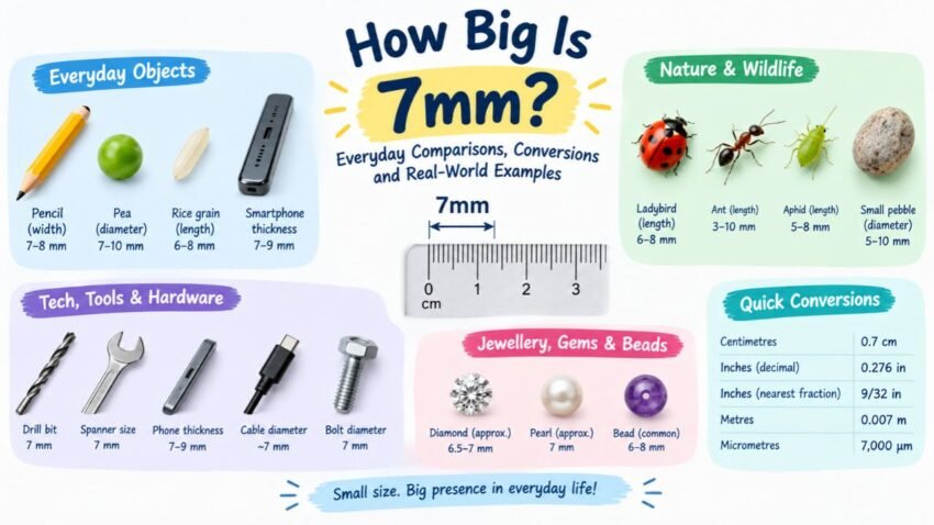 How big is 7mm infographic showing everyday size comparisons with a pencil, pea, rice grain, ladybird, smartphone, drill bit, jewellery, and ruler, along with conversions to centimetres and inches.