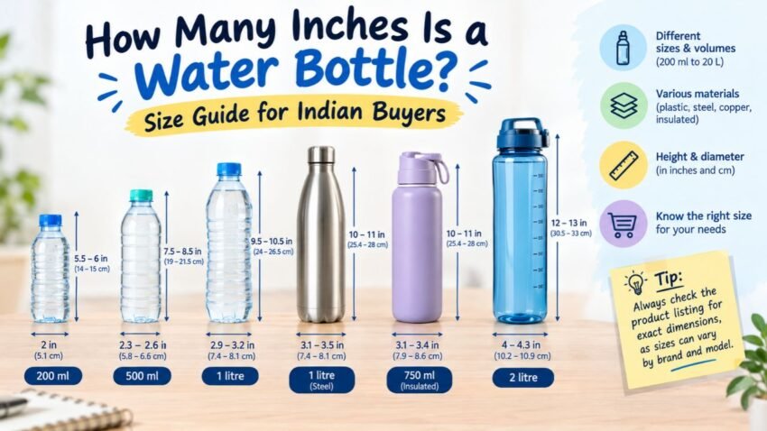 How many inches is a water bottle infographic comparing 200 ml, 500 ml, 750 ml, 1-litre, and 2-litre bottles, with approximate heights, diameters, and measurements in inches and centimetres.