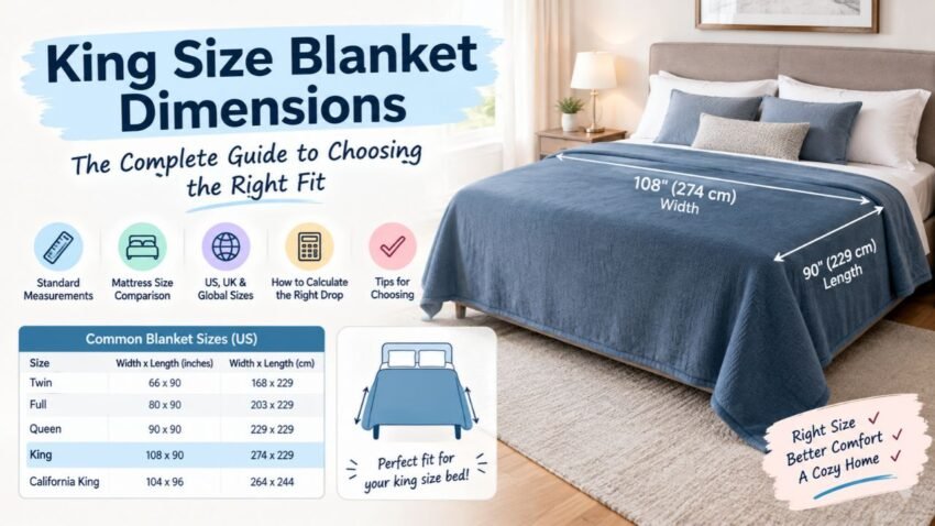 King size blanket dimensions guide showing standard measurements of 108 × 90 inches (274 × 229 cm), a size comparison chart, and tips for choosing the right blanket fit.