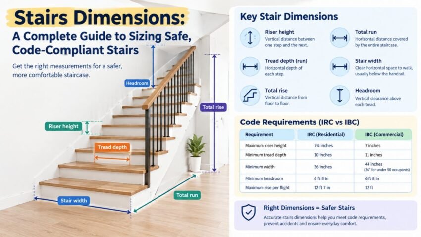 Stairs dimensions guide showing a staircase with labeled riser height, tread depth, stair width, headroom, total rise, total run, and residential versus commercial code requirements.