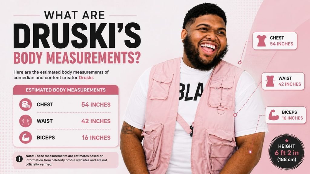 Druski body measurements infographic showing estimated chest, waist, and biceps sizes, along with his reported height of 6 feet 2 inches (188 cm).
