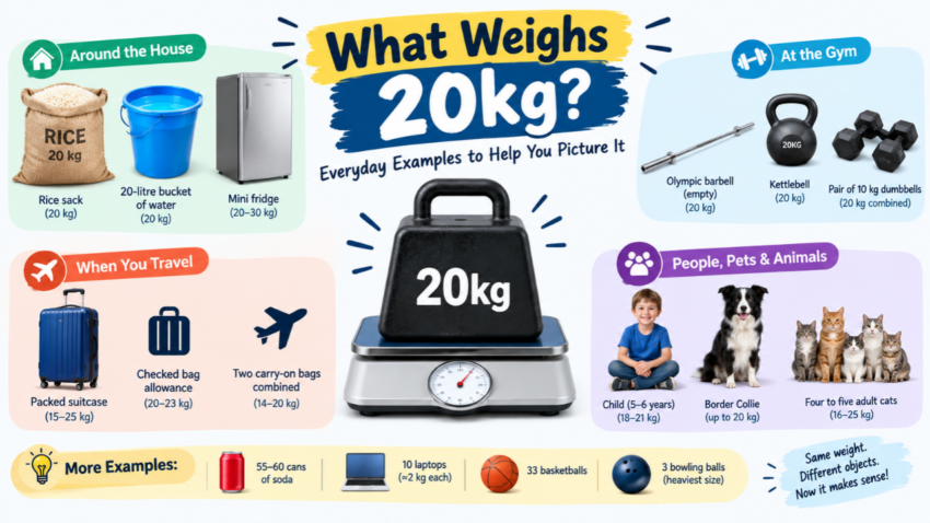What weighs 20kg infographic showing everyday examples including a rice sack, water bucket, Olympic barbell, kettlebell, suitcase, child, dog, and cats.