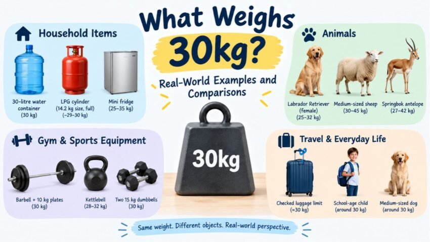 What weighs 30kg infographic showing real-world comparisons, including a 30-litre water container, LPG cylinder, dog, sheep, barbell, kettlebell, dumbbells, suitcase, and school-age child.
