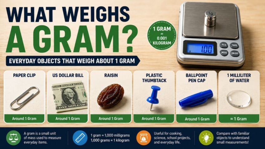 What weighs a gram infographic showing a paper clip, dollar bill, raisin, thumbtack, pen cap, and 1 milliliter of water.